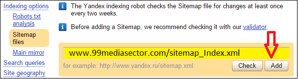 submit sitemap on Yandex webmaster tools