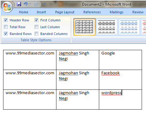 ms word table