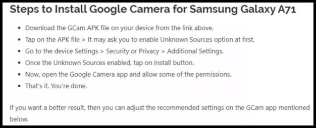 install google camera in Galaxy a71