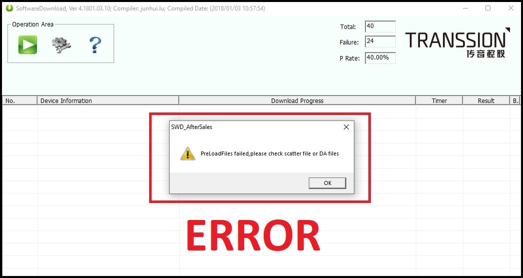 PreLoadFiles Failed, Please Check Scatter File Or DA Files error