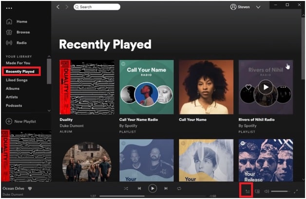 Spotify recently played section