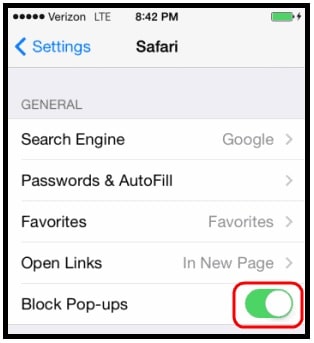 Safari for iOS Popup setting