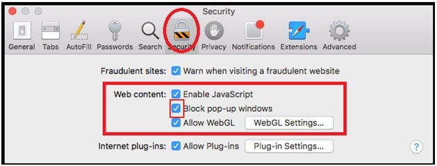 disable or enable pop up blockers in safari browser for single site