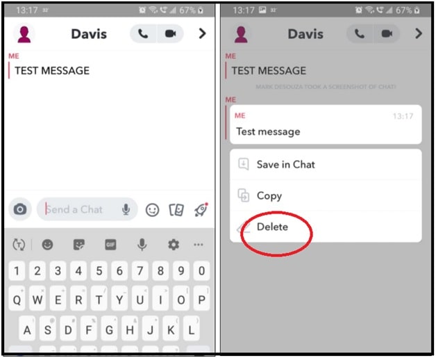 delete message in Snapchat