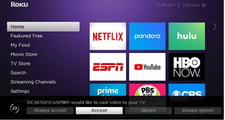 roku screen mirroring permission from pc