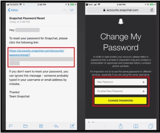 snapchat password recover via mail