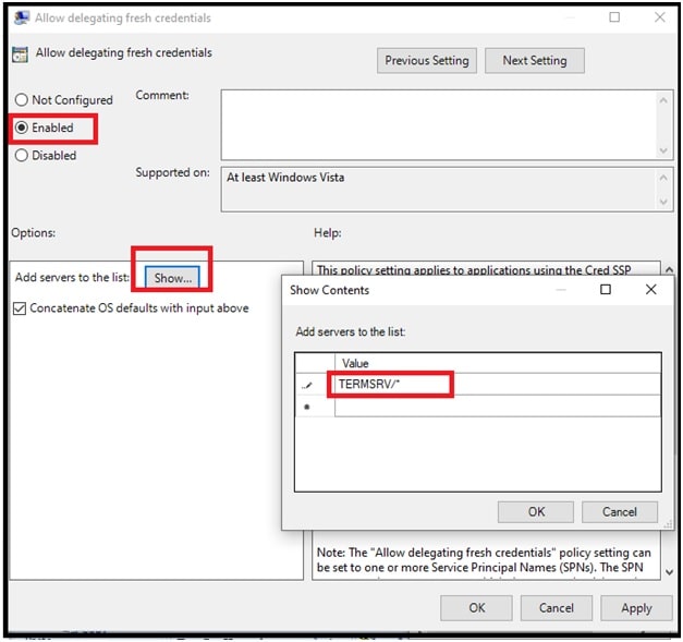 Allow Delegating fresh credentials to save username and password RDP