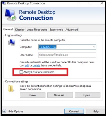 Always Ask For Credentials Remote Desktop connection