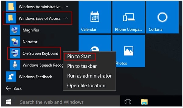 Windows Ease of Access Pin to Start