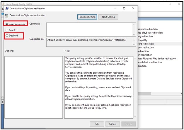configure clipboard redirection in remote desktop connection