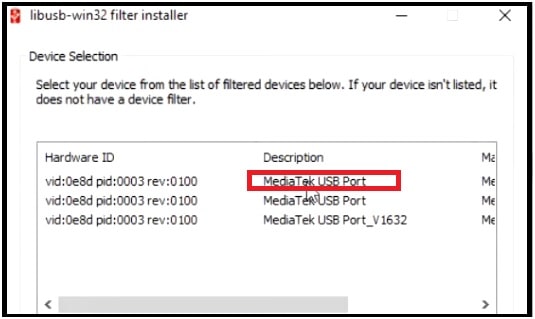 mediatek usb port under libusb win32 filer installer