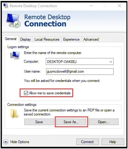 save remote desktop credentials 