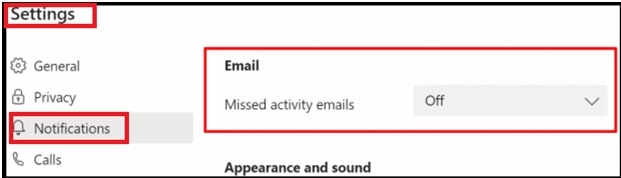 ms teams disable missed activity emails