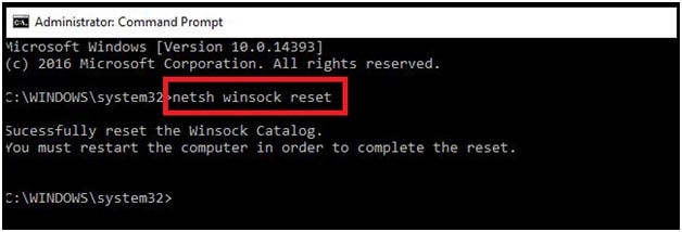 netsh winsock reset command