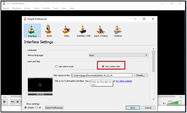 Select Custom Skin option to use VLC Dark Mode