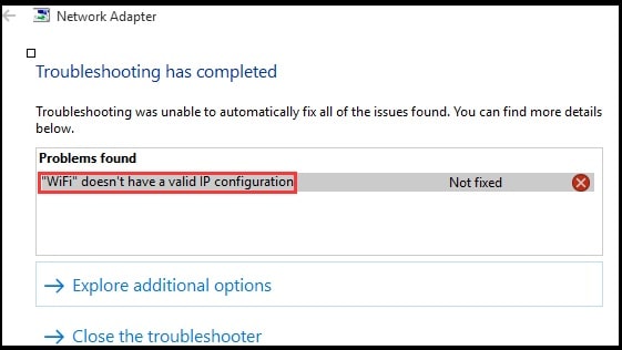 wifi doesn t have a valid ip configuration error screenshot