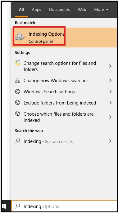 windows indexing option