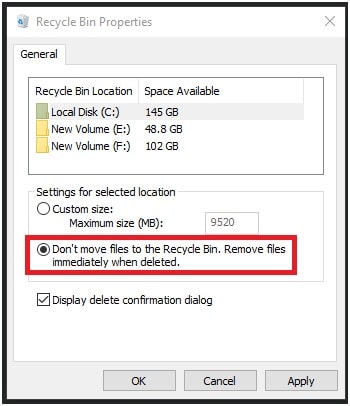 Don’t move files to the Recycle Bin in windows 10