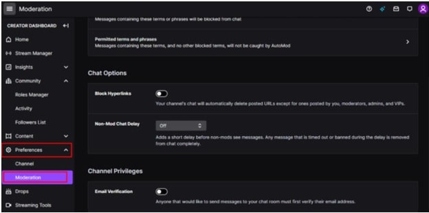 Preferences section Twitch