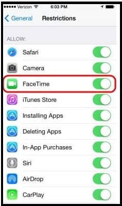 chnage Restrictions settings to enable facetime