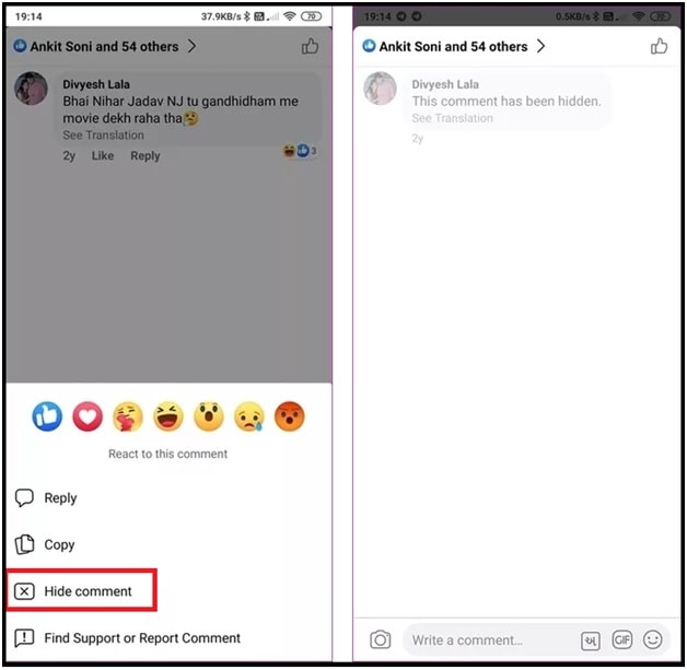hide facebook comments on phone