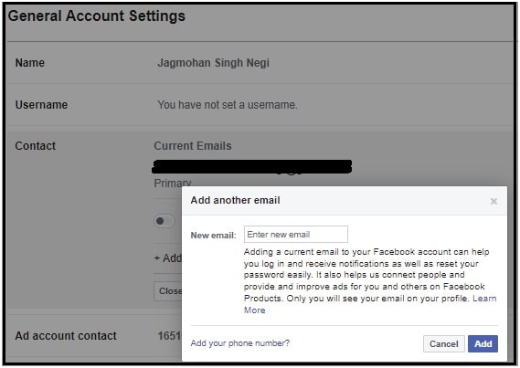 add new email address on facebook account