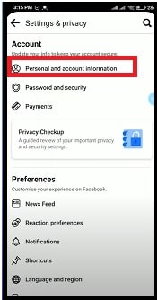 personal and account information tab facebook app