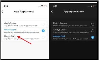 app appearance for snapchat dark mode ios