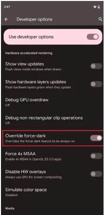 override force dark mode android