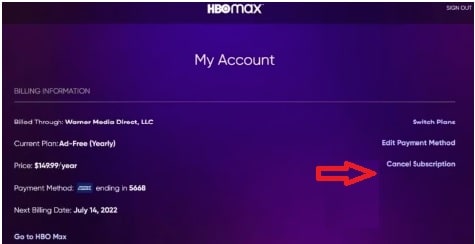 Cancel Subscription hbo max on web browser