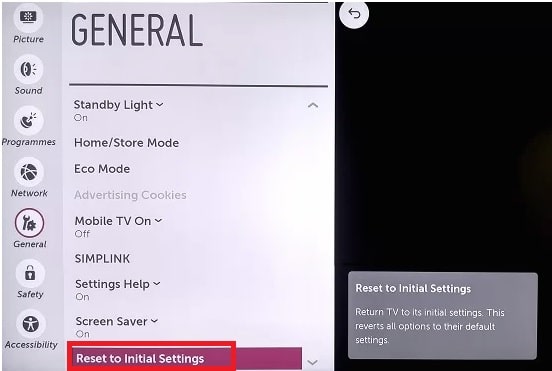 Reset to Initial settings to reset LG Tv
