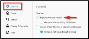 restore previous session on firefox